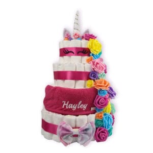 Luiertaart Unicorn met naam Fuchsia roze productfoto